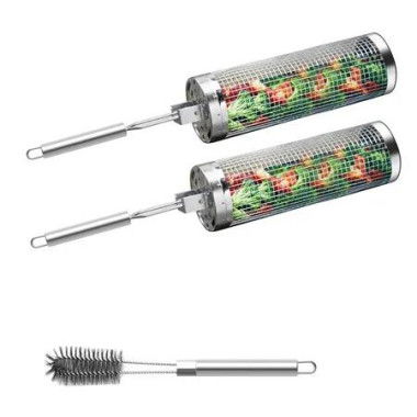 Rolling Grill Baskets 2PCS, 304 Stainless Steel with Removable Stainless Steel Handle, Rolling Grilling Net, BBQ Accessories Tools for Vegetables Shrimp