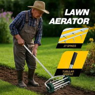 Detailed information about the product Rolling Lawn Aerator Tool Garden Yard Planting Grass Spike Roller Soil Penetrator Loosener Manual Push Aeration Heavy Duty Galvanized Steel Scarifier