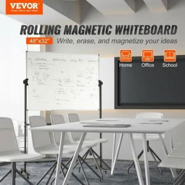 Rolling Whiteboard, 48x32 inch Double-Sided Magnetic Mobile Whiteboard, 360Â° Reversible Adjustable Height Dry Erase Board with Wheels & Movable Tray for Office School