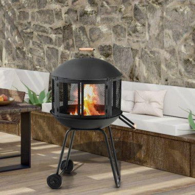 Rolling Wood-Burning Fire Pit With Wheels & Handle For Camping.