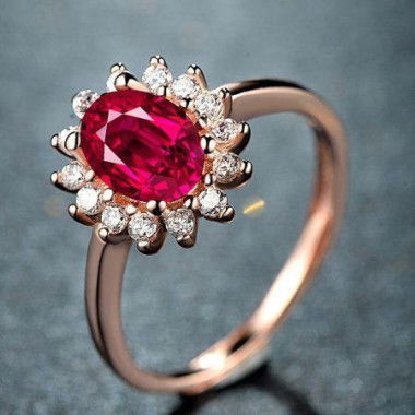 Rose Golden Plated Sterling Silver Simulated Ruby Engagement Ring With Cubic Zulastone Halo