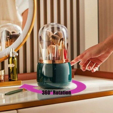 Rotating 360 Makeup Brush Holder Organizer Box With Lid Storage Dust Acrylic Cosmetics Holders Storage Cup (Dark Green)