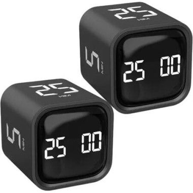 Rotating Pomodoro Timer 5, 25, 10 50 Minutes Preset,Desk Productivity Timer w/Gra vity Sensor,ADHD Tool Cube Countdown,Custom Modes,Black,2 Pack
