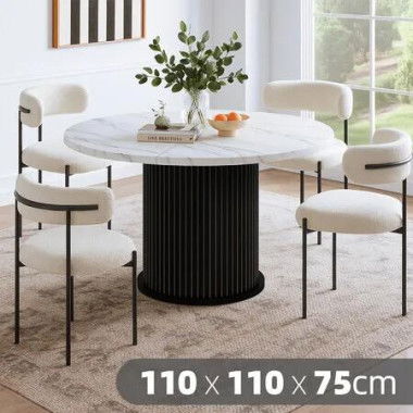 Round Dining Table Modern Coffee Room Kitchen Breakfast Diner Wood Accent End Circle Desk Furniture Restaurant Office 110cm Marble Tabletop Metal Base