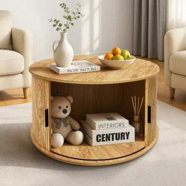 Round Oak Coffee Table Bedside Sofa Side Storage End Tea Cafe Night Stand Couch Lounge Cocktail Lamp Desk Shelves Modern Sliding Door Room Furniture