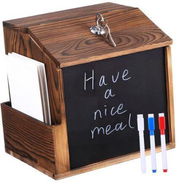 Detailed information about the product Rustic Burnt Wood Wall Mountable Restaurant Tip, Fundraising Donation Money Collection or Comment Ballot Box with Lock and Key, Clear Acrylic Sign Holder and Chalkboard Surface