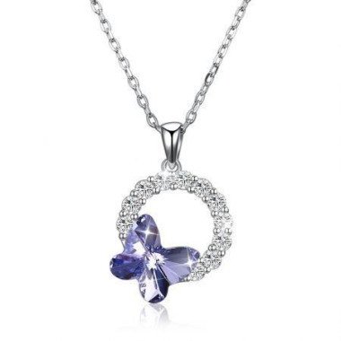 S925 Sterling Silver Butterfly Romantic Round Pendant Necklace