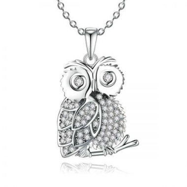 S925 Sterling Silver Owl Pendant Necklace Studded With Crystals.