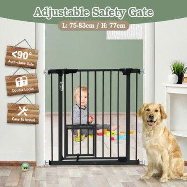 Safety Dog Gate Adjustable Pet Barrier Kids Security Guard Safe Fence For Stairs With Walk Through Door 77cm Black.