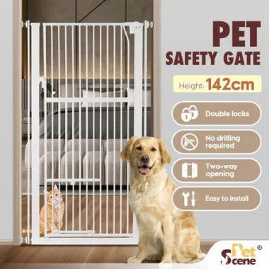 Safety Gate Pet Dog Cat Security Extra Tall Retractable Fence Enclosure Guard Kitchen Doorway Stairs Barrier with Walk Through Door 142cm Height