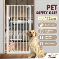 Detailed information about the product Safety Gate Pet Dog Cat Security Extra Tall Retractable Fence Enclosure Guard Kitchen Doorway Stairs Barrier with Walk Through Door 142cm Height