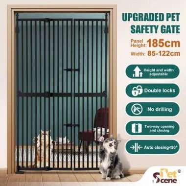 Safety Gate Retractable Pet Dog Cat Extra Tall Fence Enclosure Guard Security Barrier Fencing for Stairs Doorway Kitchen 190 to 250cm Black