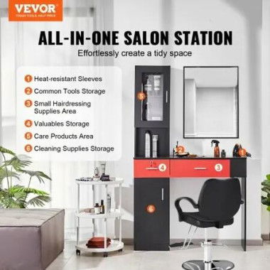 Salon Station Wall Mount Barber Salon Station for Hair Stylist Beauty Spa Furniture Set 1 Storage Cabinet 3 Cubbies and 2 Drawers(One Lockable) Black and Red