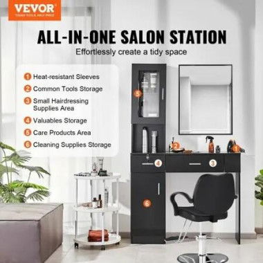 Salon Station Wall Mount Barber Salon Station for Hair Stylist Beauty Spa Furniture Set 1 Storage Cabinet 3 Cubbies and 2 Drawers(One Lockable) Black