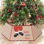 Detailed information about the product Santa Pattern Christmas Tree Collar with Red and Black Buffalo Check Trim Large Burlap Christmas Tree Skirt