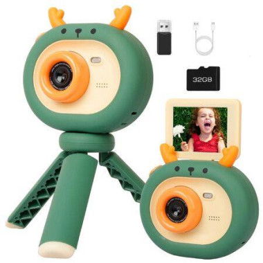 Selfie Camera Toys 180 Degree Flip Screen for 1080P Children's Digital Video Camcorder with 32GB Card and Tripod (Green)