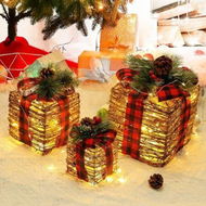 Detailed information about the product Set Of 3 Christmas Rattan Lighted Gift Boxes 60 LED Christmas Box Decorations Presents Boxes With Ribbon Bows For Xmas Tree Yard Home Indoor Outdoor Christmas Decorations (Rattan)