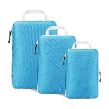 Set of 3 Compression Packing Cubes Super Thin and Sturdy Nylon Expandable Packing Organizer for Travel Accessories Luggage Suitcase (Blue)