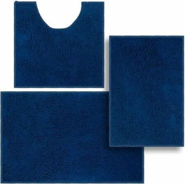 Set of 3 Ultra Soft Non Slip Chenille Absorbent Shaggy Bath Mat Rugs for Bathroom Tub Shower Toilet Navy Blue