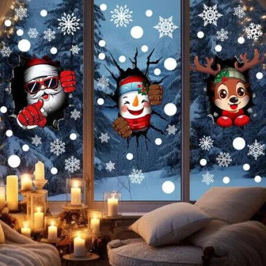 Set of 6 Christmas Snowflake Window Clings 3 Styles with Santa Claus and Reindeer Decals for Holiday Party