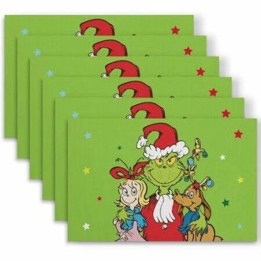 Set of 6 Christmas Table Placemats,Green Xmas Placemats for Dining Table Decor, Washable Table Mats for Christmas Holiday Home Kitchen Decor