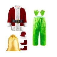 Detailed information about the product Set of 7 Men Woman Size 2XL Green Santa Costume Furry Santa Suit for Christmas Cosplay No Mask Included