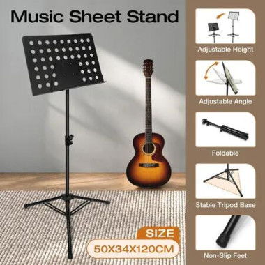 Sheet Music Stand Foldable Tripod Song Book Conductor Stage Holder Adjustable Black Steel Frame Portable for Studio School Professional Performance