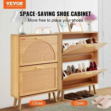 Shoe Cabinet with 2 Flip Drawers, Shoe Storage Cabinet for Entryway, Free Standing Shoe Storage Organizer with Rattan Doors for Heels, Boots, Slippers in Hallway, Living Room