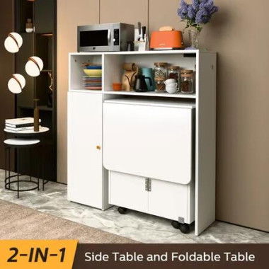 Side Dining Table Folding 2in1 Cabinet Hall Console Storage Shelves Rolling Desk Drop Leaf Wood Kitchen Breakfast Room Furniture USB Power Strip White