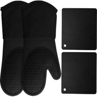 Silicone Oven Mitts And Pot Holders 4-Piece Set Heavy Duty Cooking Gloves Kitchen Counter Safe Trivet Mats (Black)