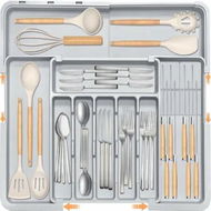 Detailed information about the product Silverware Organizer Expandable Large Kitchen Drawer Organizer Utensil Organizer with 2 Removable Knife Blocks,Cutlery Tray Drawer Dividers (Grey)