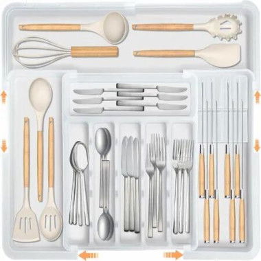 Silverware Organizer Expandable Large Kitchen Drawer Organizer Utensil Organizer with 2 Removable Knife Blocks,Cutlery Tray Drawer Dividers (White)