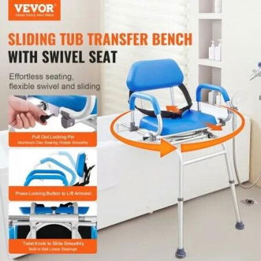 Sliding Tub Transfer Bench Shower Chair with 360 Degree Swivel Seat 330LBS