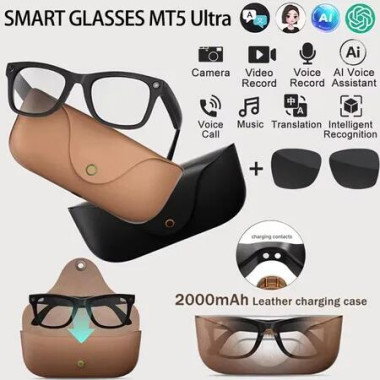 Smart AI Glasses with 8MP HD Camera,Real-Time Translation Video Recording Intelligent Glasses,Anti-Shake Audio Call Voice Control Black Charging Case