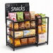 Snack Organizer Snack Rack Display Stand 4-Tier Candy Display Rack Countertop Snack Storage Shelf with Writable Blackboard and Chip Basket Black. Available at Crazy Sales for $69.98