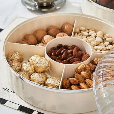 Snack Serving Tray with Lid, Plastic Divided Appetizer Tray 5 Compartments Round Food Tray for Dried Fruits, Candy, Nuts, Cookies, Treats,1 Pack