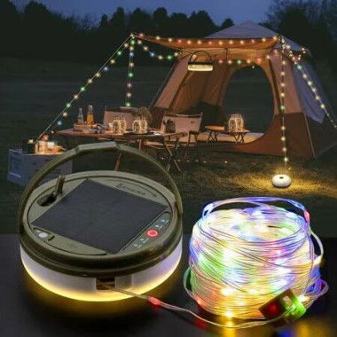 Solar Camping String Lights 10 Meter with 8 Lighting Modes Solar Powered and USB Rechargeable Light for Camping, Yard and Hiking