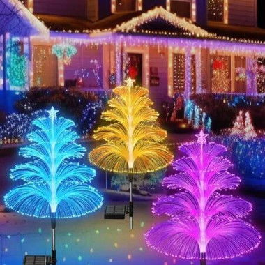 Solar Christmas Decorations Trees Lights Outdoor Waterproof Solar Christmas Tree Jellyfish Lights 5 Layer Optical Fiber 7 Color Changing,3PCS