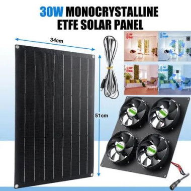 Solar Exhaust Fan with 30W Panel and 4 Ventilators: Waterproof Ventilation for Attics, Greenhouses, and More