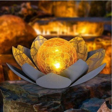 Solar Light Outdoor Metal Glass Decorative Waterproof Garden Light LED Lotus Flower Table Lamp (Gray)