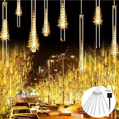 Solar Meteor Shower Rain Lights LED String Lights For Christmas Tree Holiday Party Patio Decoration (Warm White)