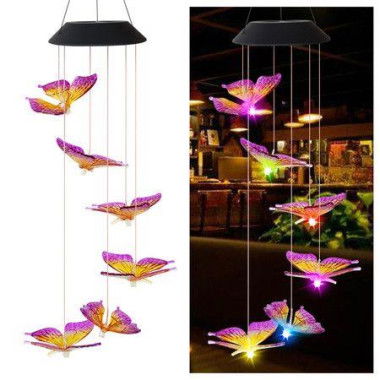 Solar Mobile LED Light Color Changing Wind Chimes Bells Butterfly For Home Decor