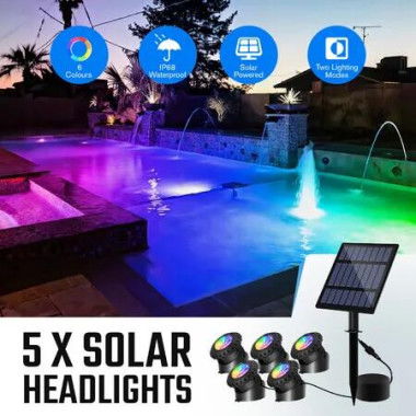 Solar Outdoor Pond Light 5 Head RGB Spotlight Landscape Fish Tank Pool Fountain Submersible Lamp Multicolours Waterproof