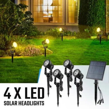 Solar Outdoor Spotlight 4 Headlights Garden Exterior Lamp Landscape Wall Outside Driveway LED 3000k Warm Light Waterproof