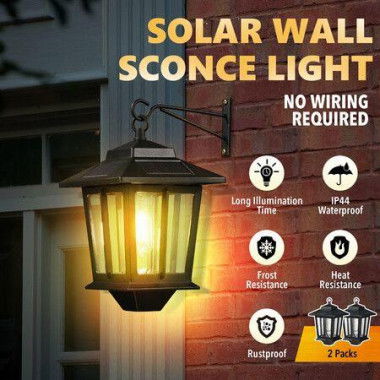 Solar Outdoor Wall Light Sconce Hanging Lantern Garden Outside Lamp Patio Fence Porch Waterproof With Light Sensor 2PCS