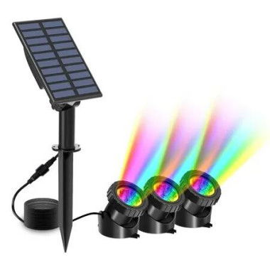 Solar Pond Lights RGB Colour Changing Underwater 3 Head LED Landscape Spotlights Fish Tank Garden Pool Fountain Outdoor Waterproof