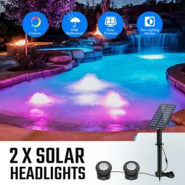 Solar RGB Pond Light 2 Headlights Outdoor Landscape Spotlight Pool Fish Tank Underwater Fountain Lamp Waterproof Multicolours