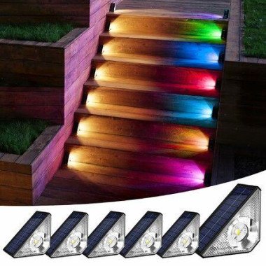 Solar Step Lights Waterproof LED Warm White & RGB Color Changing Deck Lights Solar Powered Triangle-Shaped Solar Stair Lights For Outside Patio Decor Decks Porch Backyard Yard (6 Pack)