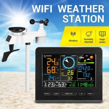 Solar Weather Station WiFi Wireless Home Forecaster Rain Gauge Clock Temperature Humidity