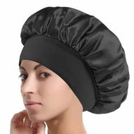 Detailed information about the product Solid Color Shower Cap for Women Satin Wide-Brimmed Bath Cap Reusable Shower Cap for All Hair Lengths (Black)